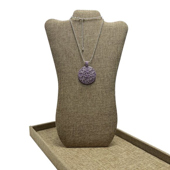 Purple Patina Floral Pendant Medallion Ball Chain Shiny Silver Tone Handmade - Picture 3 of 10